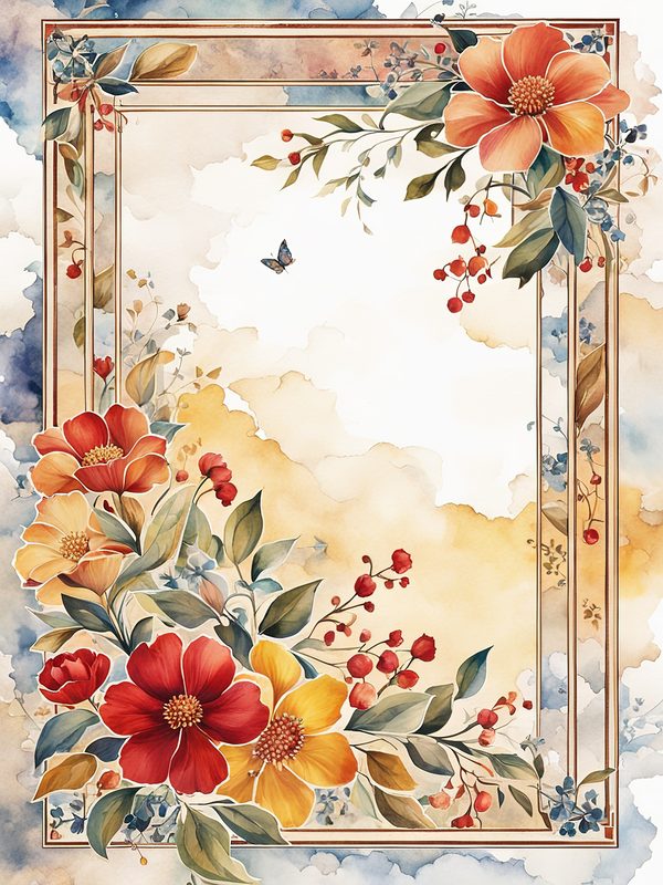 Watercolor Floral Border Digital Paper: Red & Orange Botanical Frames (10 JPGs) — image 1