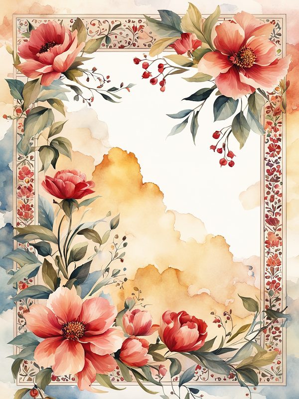 Watercolor Floral Border Digital Paper: Red & Orange Botanical Frames (10 JPGs) — image 4