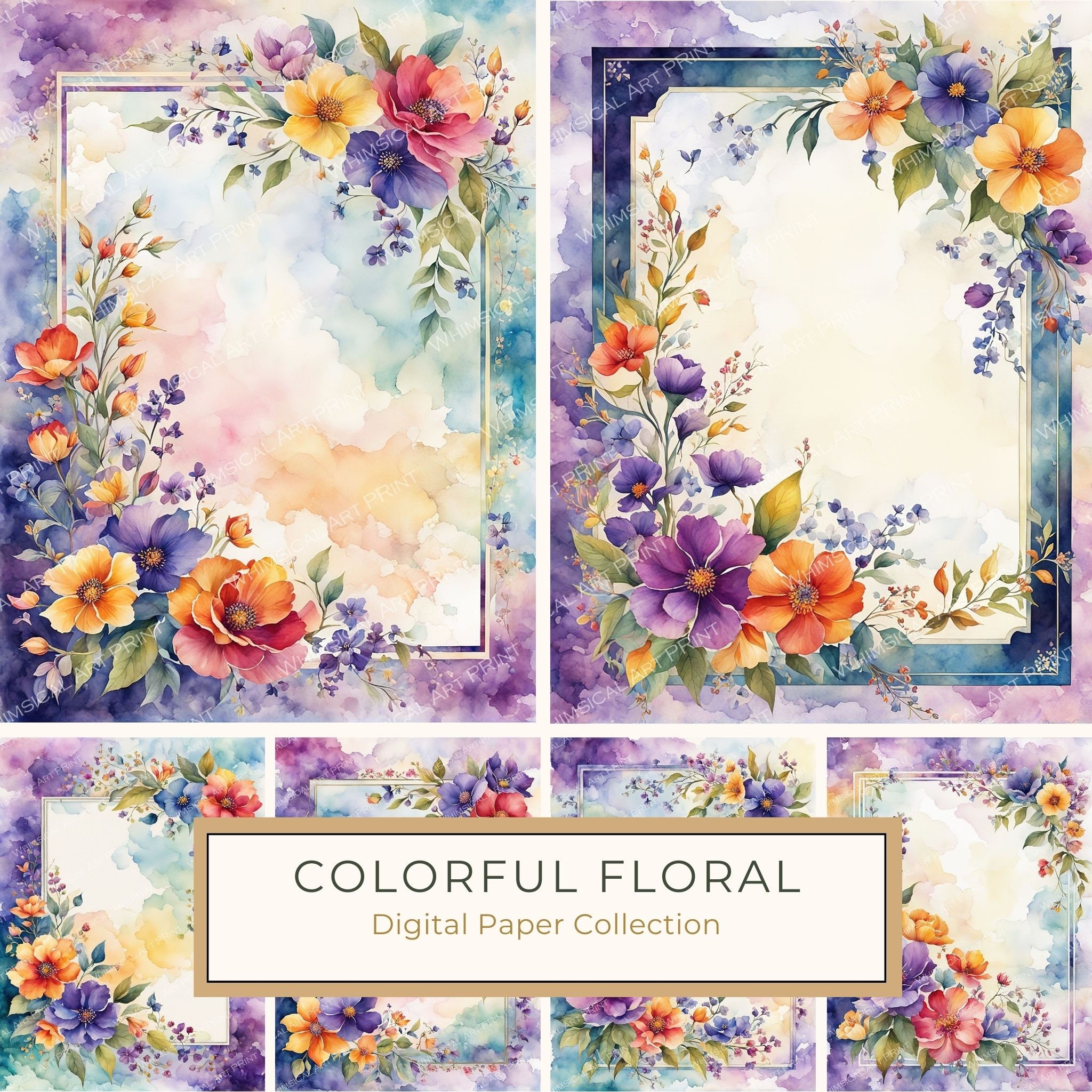 Watercolor Floral Border: Botanical Page Frame (10 JPGs Digital Print)