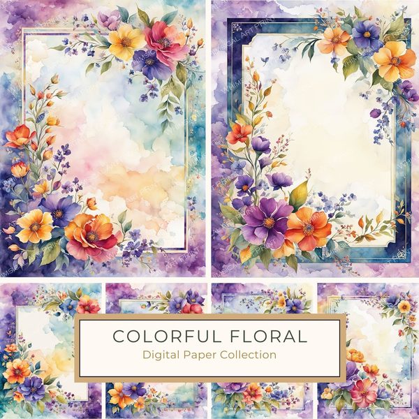 Watercolor Floral Border: Botanical Page Frame (10 JPGs Digital Print)
