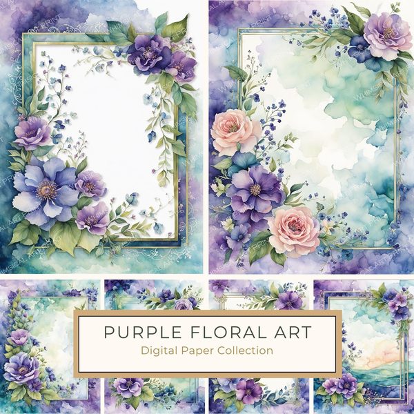 Watercolor Purple Floral Frame Paper Pack: Teal Accents (10 JPGs)