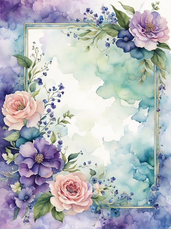 Watercolor Purple Floral Frame Paper Pack: Teal Accents (10 JPGs) — image 1