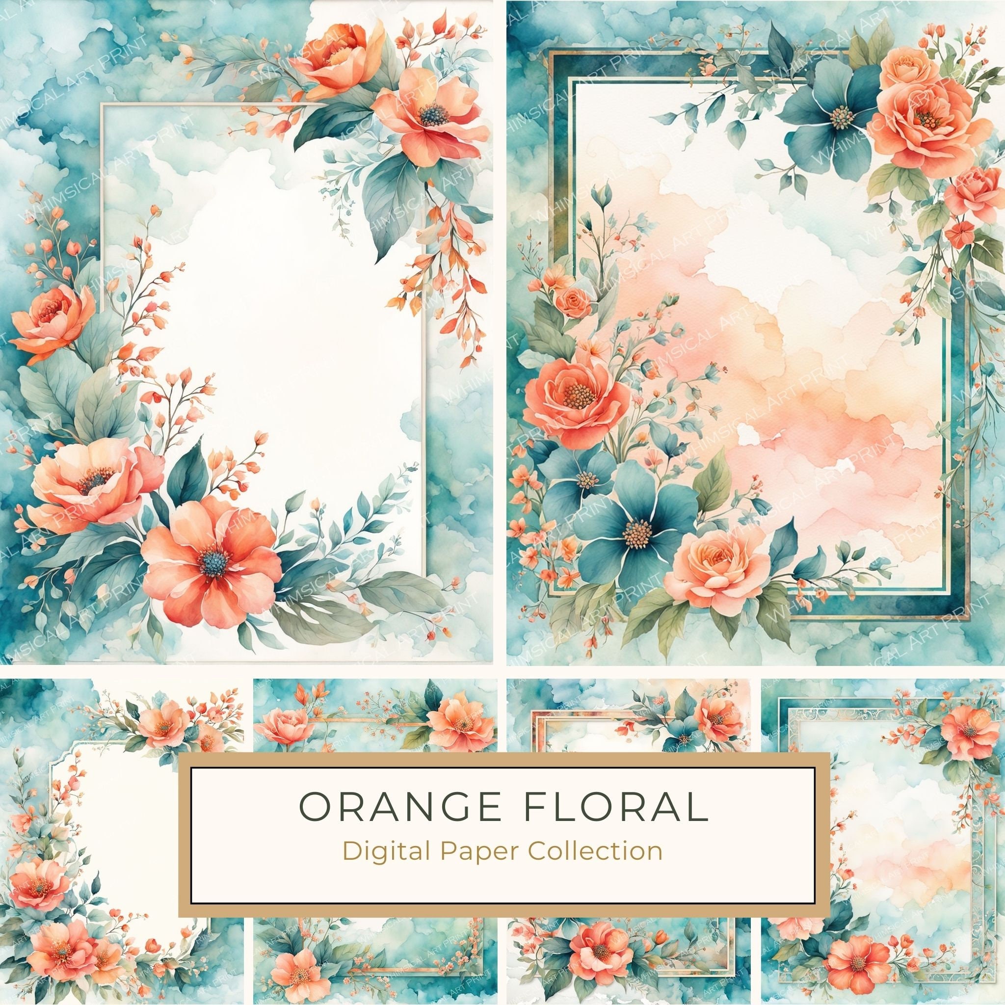 Watercolor Orange Floral Digital Paper Pack: Botanical Borders (10 JPGs)