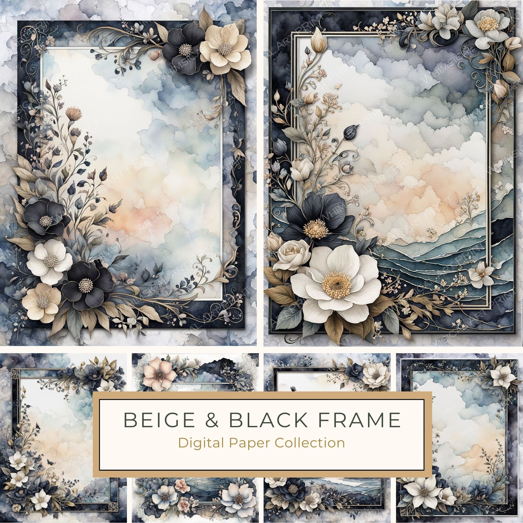 Floral Watercolor Frame Digital Paper Pack: Beige & Black Botanical Borders (Digital Download)