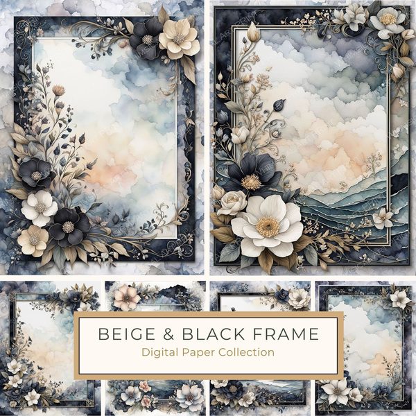 Floral Watercolor Frame Digital Paper Pack: Beige & Black Botanical Borders (Digital Download)