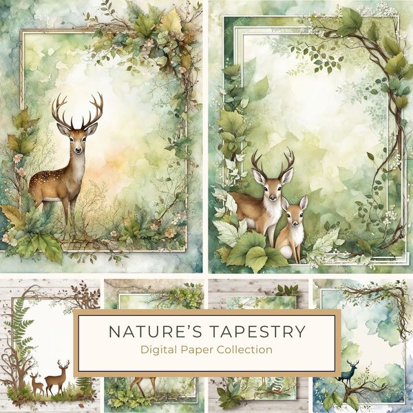 Watercolor Deer Digital Paper Set: Botanical Frames (Commercial Use, 10 JPGs)