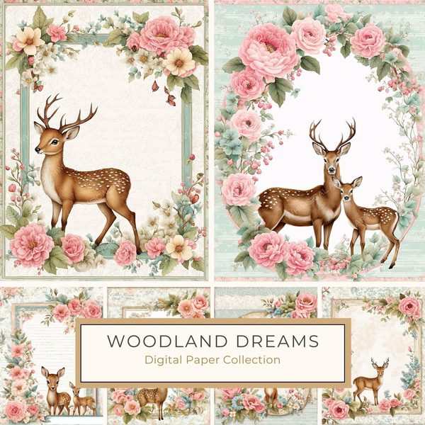 Watercolor Woodland Digital Paper Set: Shabby Chic Floral Deer (10 JPGs)