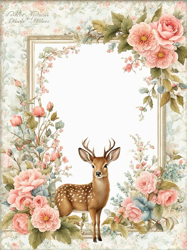 Watercolor Woodland Digital Paper Set: Shabby Chic Floral Deer (10 JPGs) — image 2