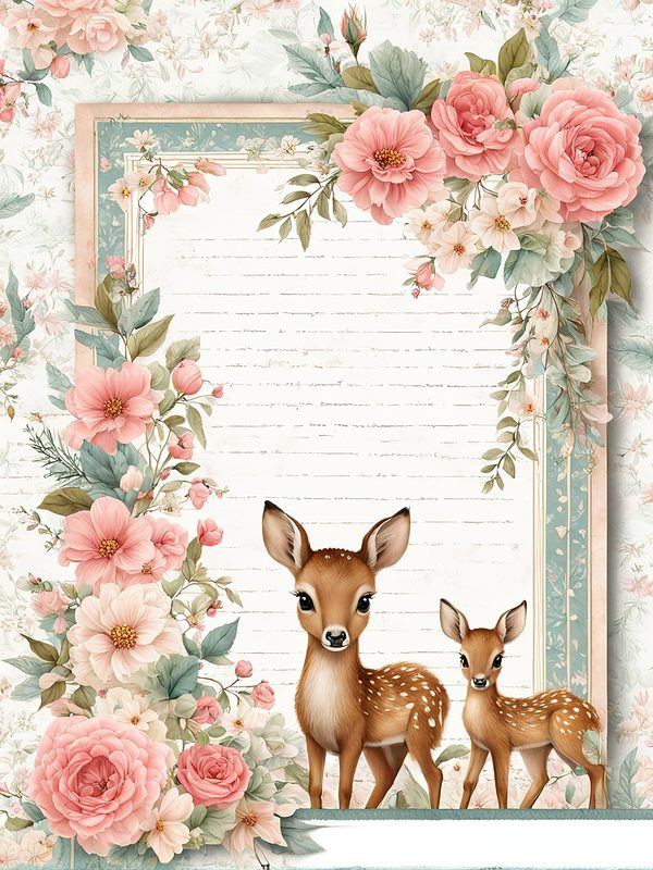 Watercolor Woodland Digital Paper Set: Shabby Chic Floral Deer (10 JPGs) — image 3