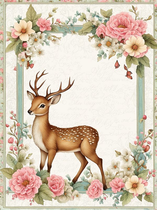 Watercolor Woodland Digital Paper Set: Shabby Chic Floral Deer (10 JPGs) — image 6