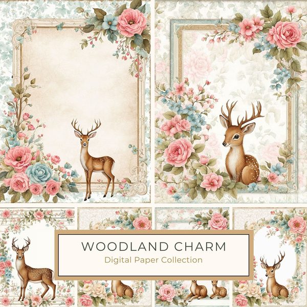 Watercolor Woodland Deer Digital Paper Set: Shabby Chic Floral Frames (10 JPGs)