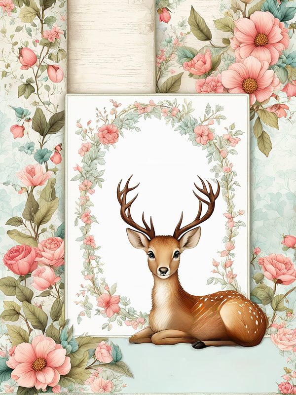 Watercolor Woodland Deer Digital Paper Set: Shabby Chic Floral Frames (10 JPGs) — image 8