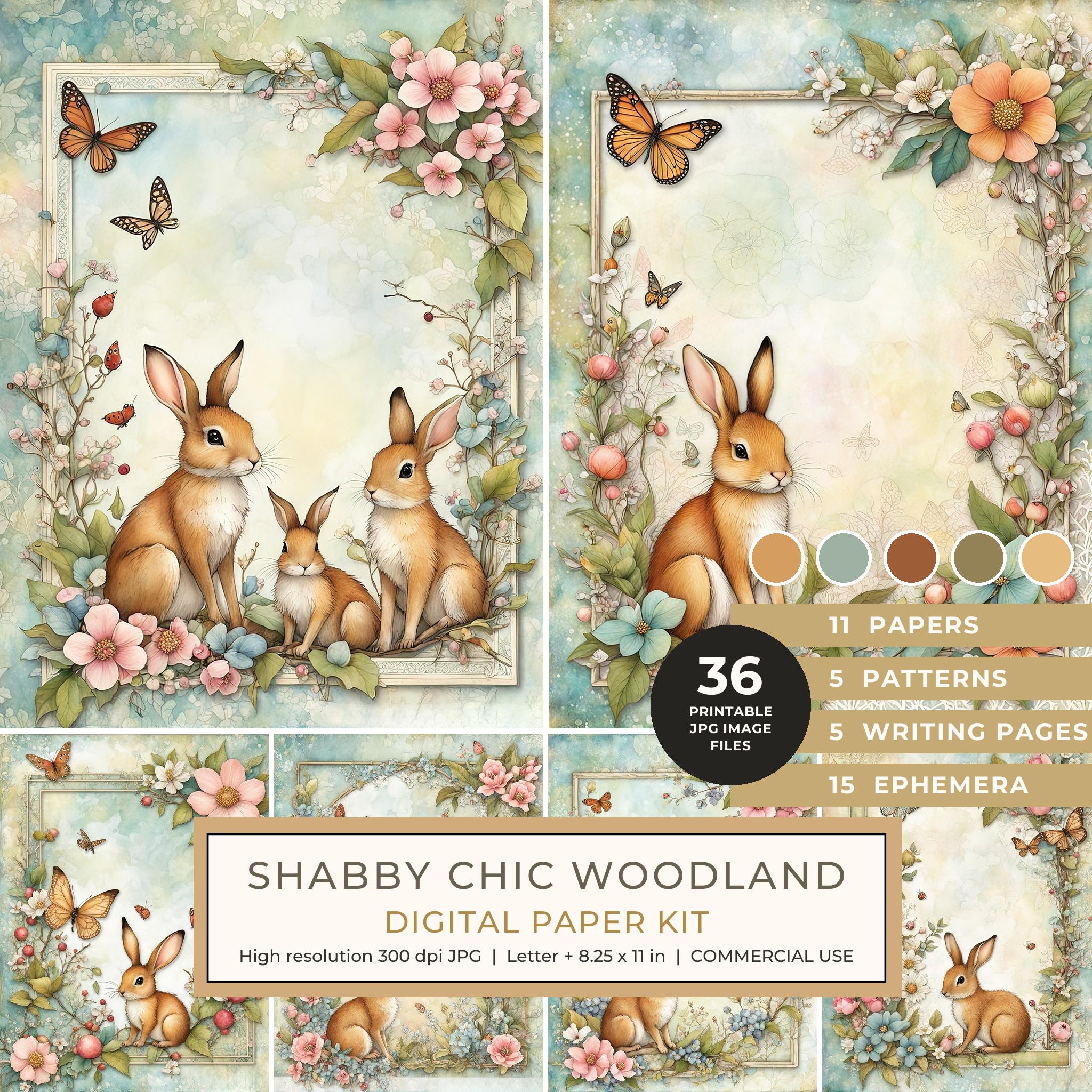 Shabby Chic Woodland Watercolor Digital Paper Kit: Printable Papers, Cards, Tags, Ephemera