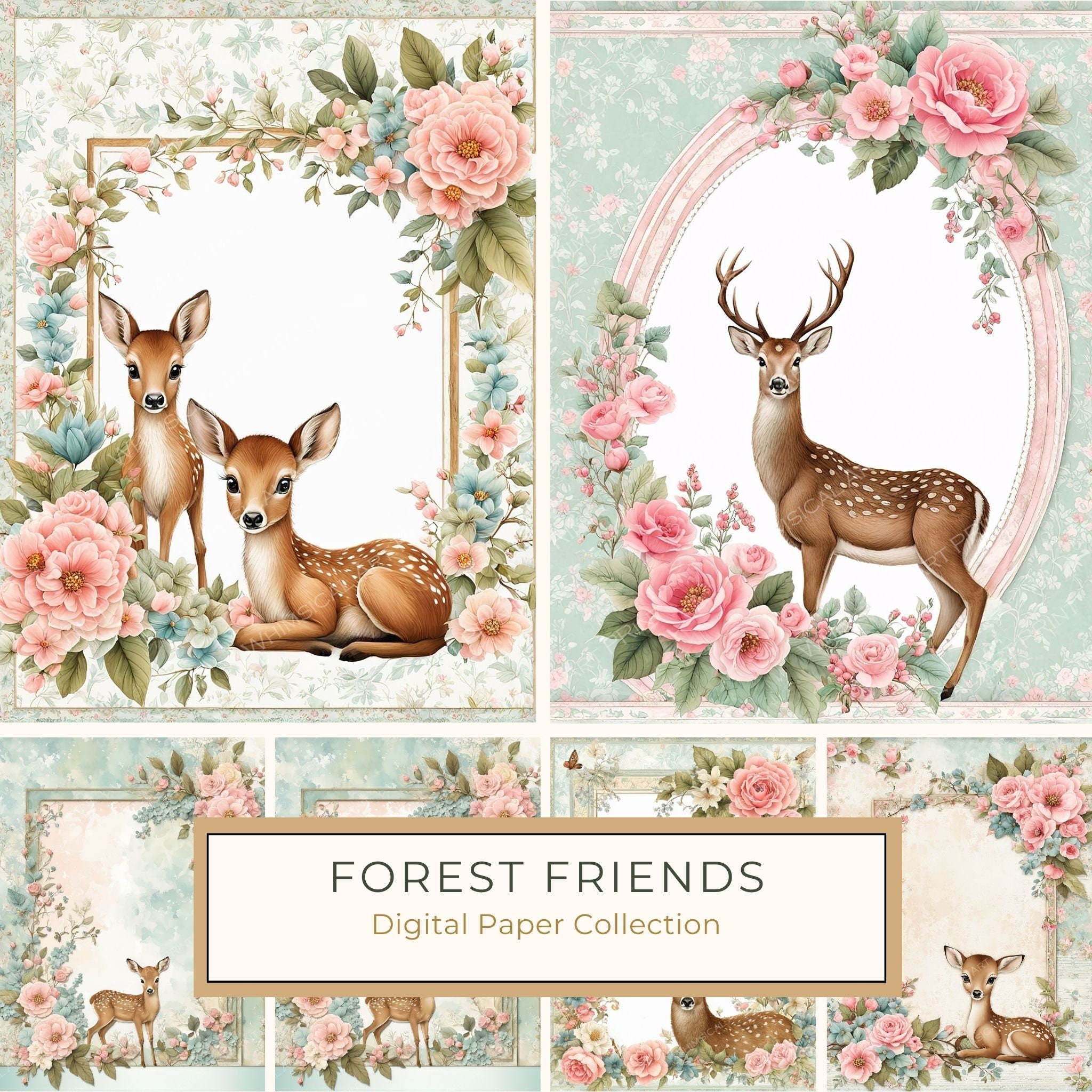 Woodland Deer Digital Paper Set: Shabby Chic Floral Frames (10 JPGs)