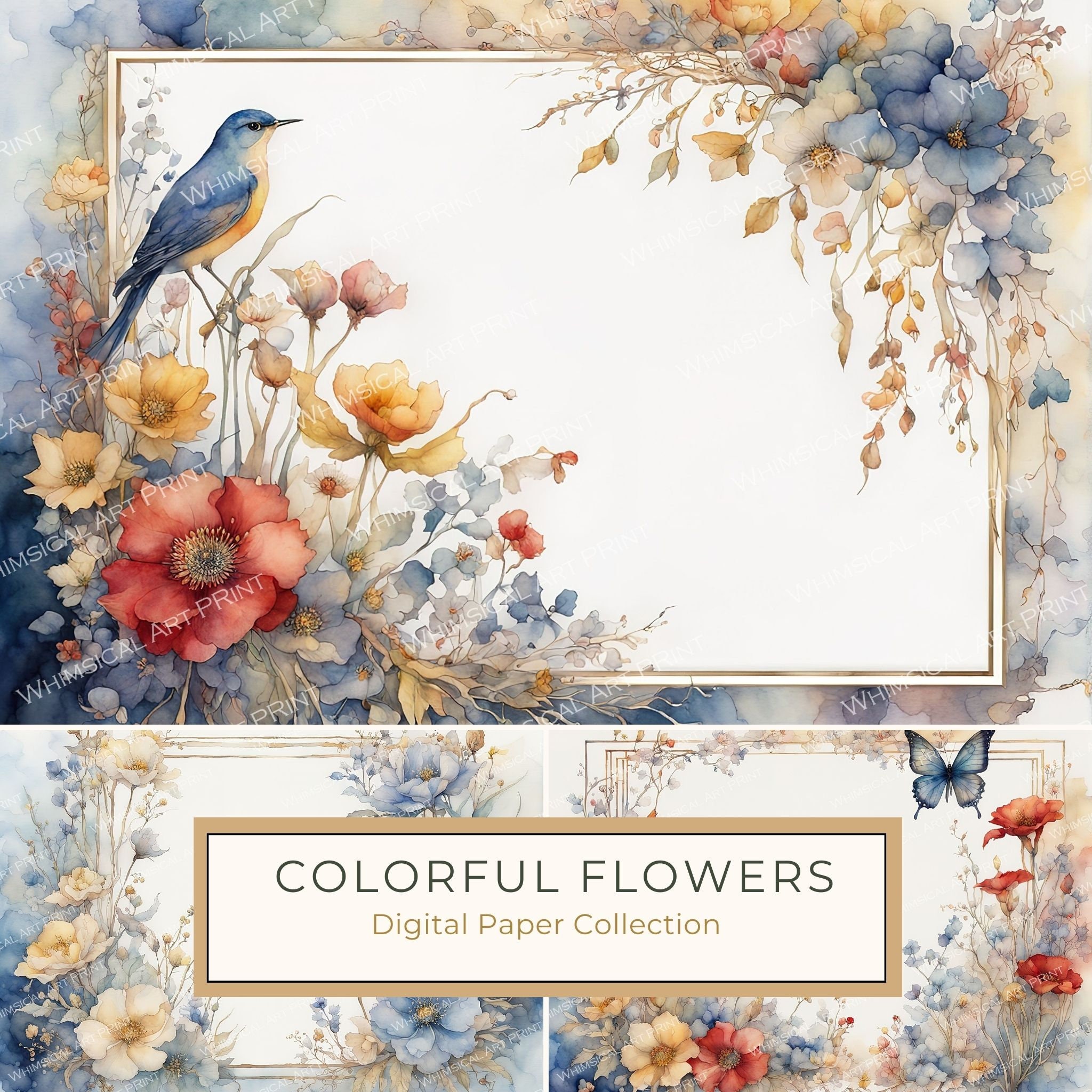 Watercolor Floral Frame Digital Paper: Red & Yellow (10 JPGs) (Commercial Use)
