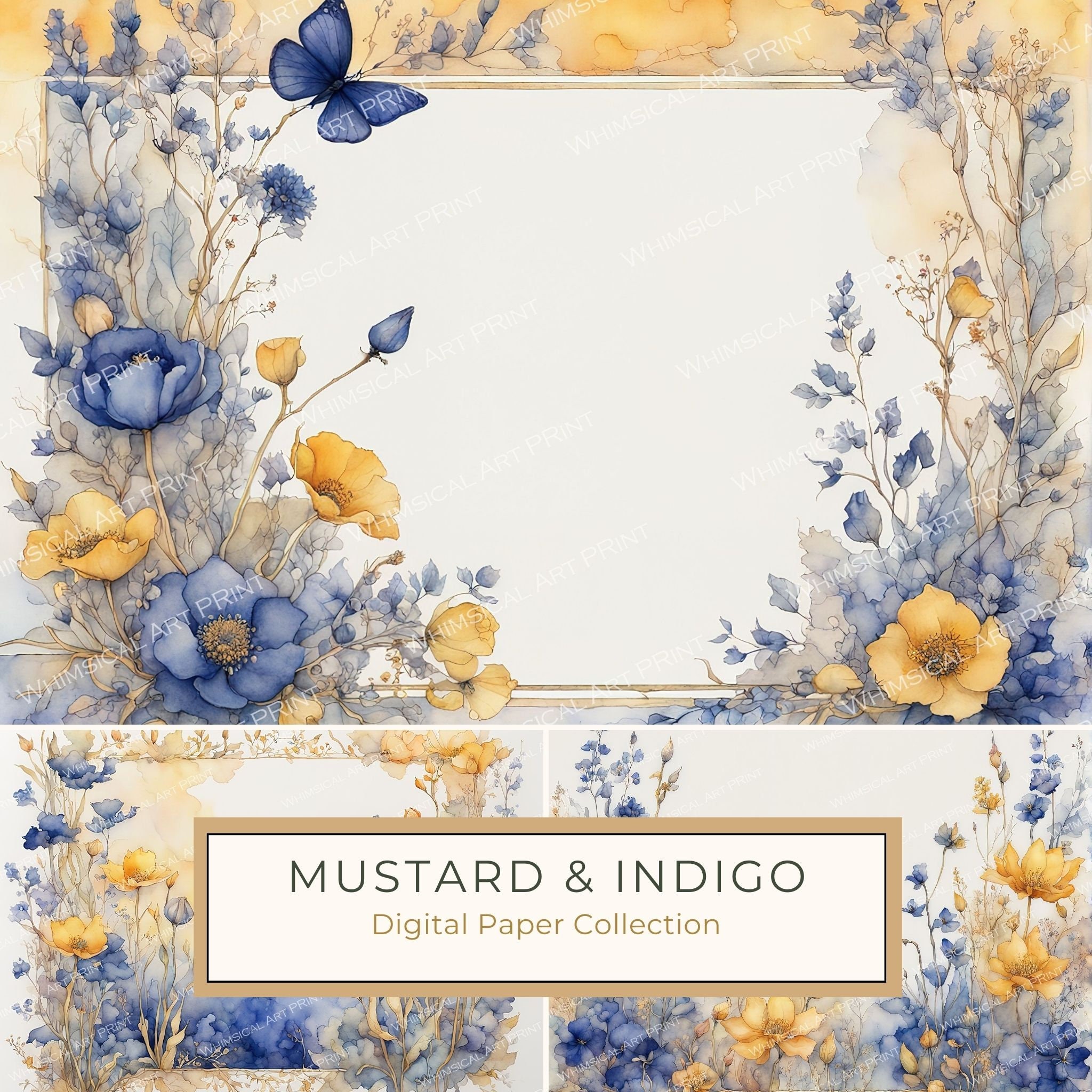 Watercolor Floral Frame Digital Paper: Indigo & Mustard (10 JPGs)
