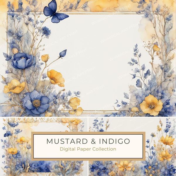 Watercolor Floral Frame Digital Paper: Indigo & Mustard (10 JPGs)