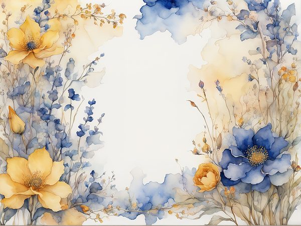 Watercolor Floral Frame Digital Paper: Indigo & Mustard (10 JPGs) — image 1