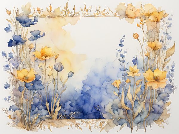 Watercolor Floral Frame Digital Paper: Indigo & Mustard (10 JPGs) — image 2