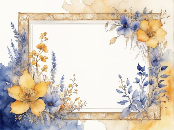 Watercolor Floral Frame Digital Paper: Indigo & Mustard (10 JPGs) — image 6