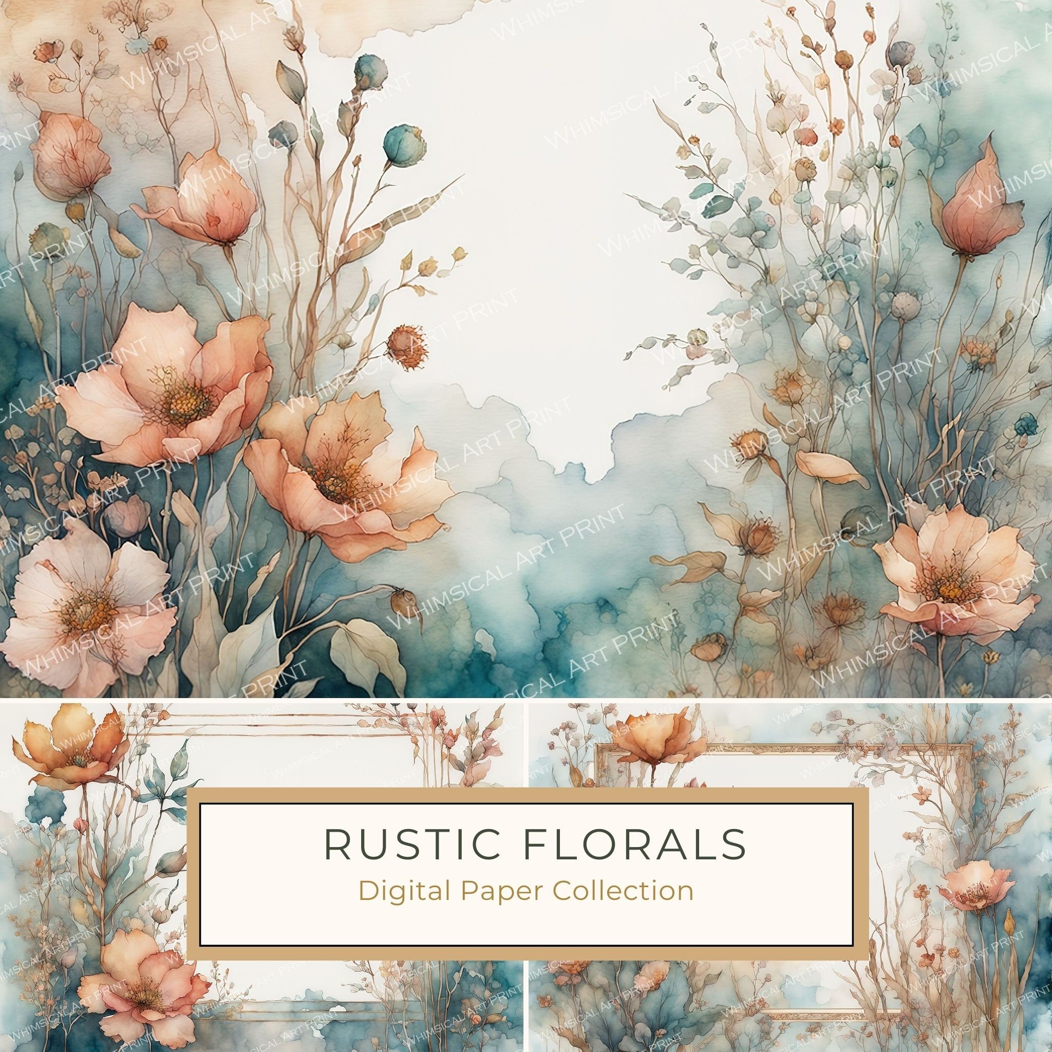 Rustic Watercolor Floral Frames: Scrapbook Paper Pack (Digital Download)