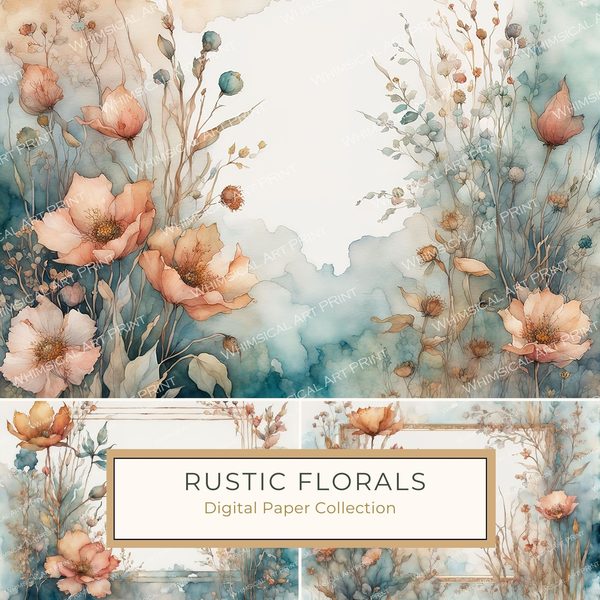 Rustic Watercolor Floral Frames: Scrapbook Paper Pack (Digital Download)