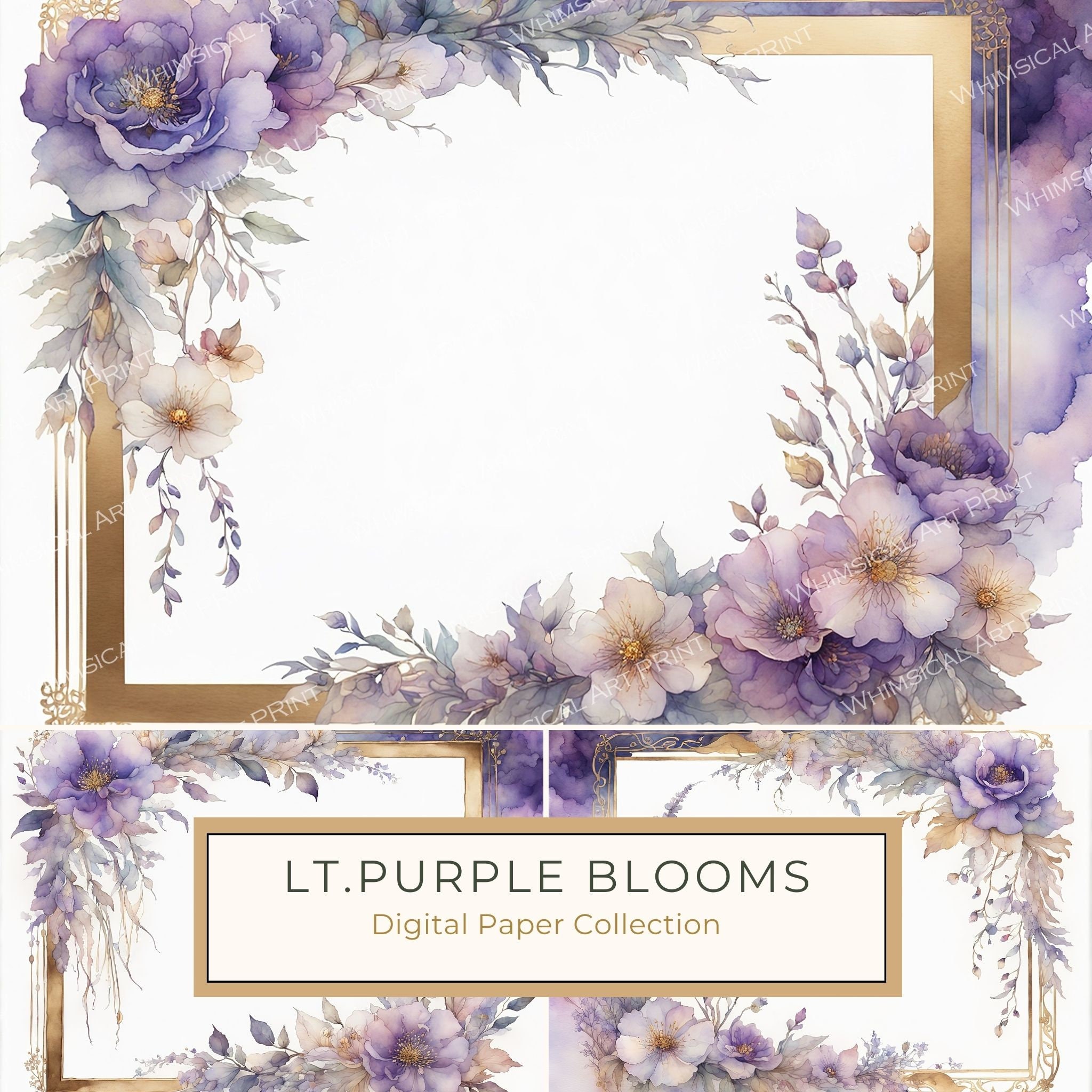 Watercolor Floral Frames: Light Purple & Gold Scrapbook Paper (Digital Art Print)