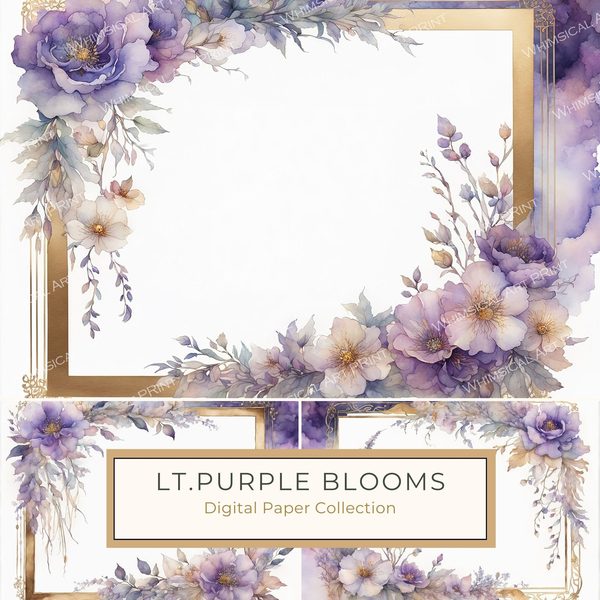 Watercolor Floral Frames: Light Purple & Gold Scrapbook Paper (Digital Art Print)