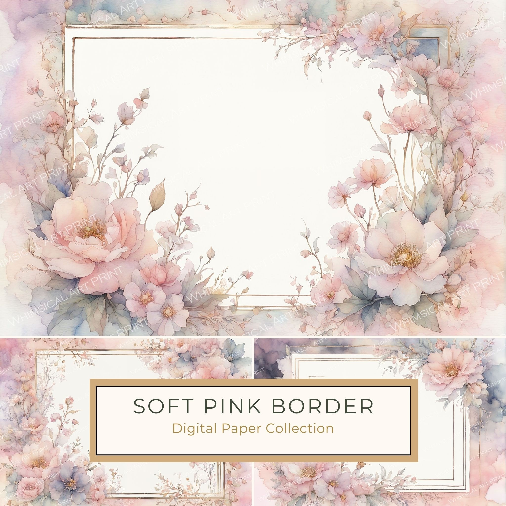 Watercolor Floral Frame Digital Paper: Soft Pink & Gold (10 JPGs)