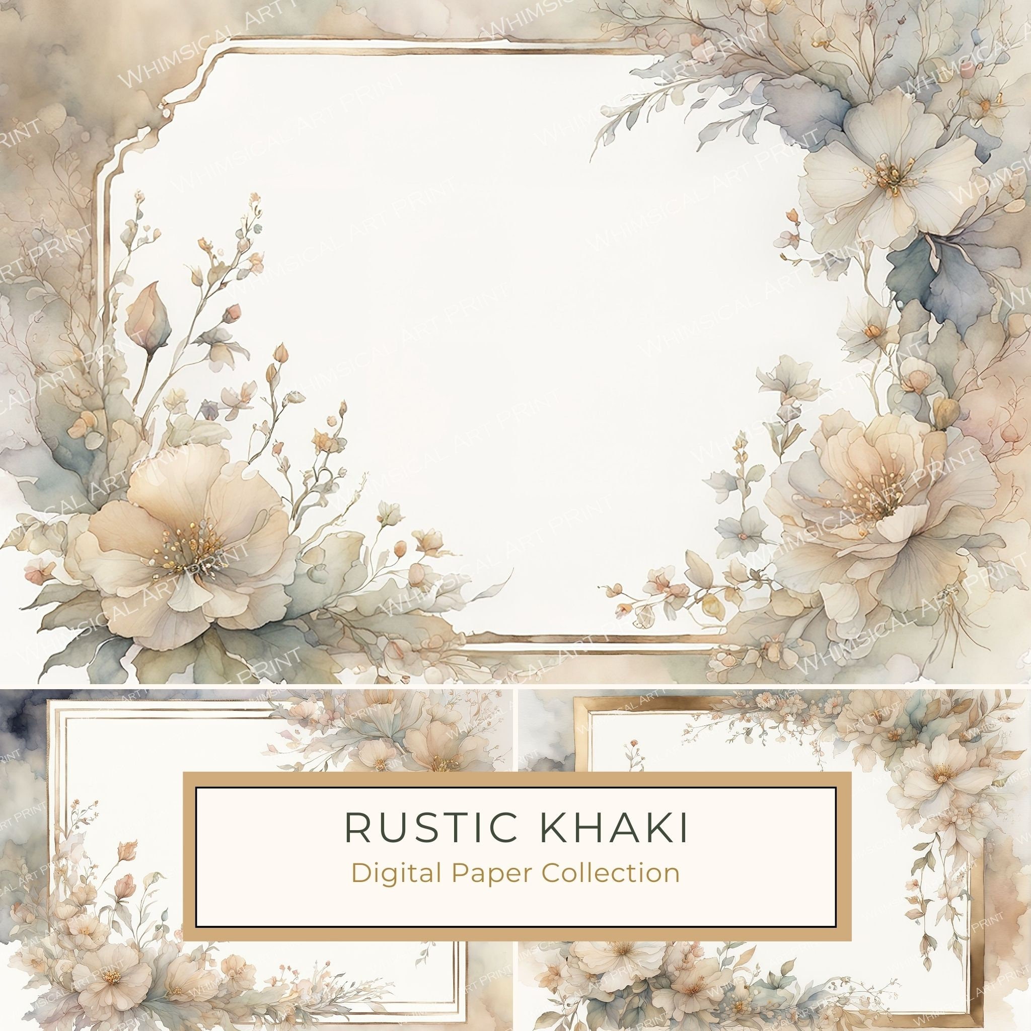 Khaki Floral Watercolor Digital Paper: Rustic Scrapbook Borders (10 JPGs, Digital Download, Commercial Use)