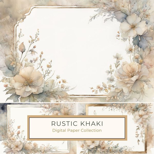 Khaki Floral Watercolor Digital Paper: Rustic Scrapbook Borders (10 JPGs, Digital Download, Commercial Use)
