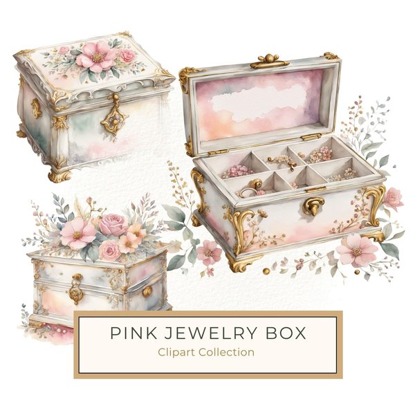 Vintage Jewelry Box Clipart: Watercolor Florals, Gold Ornaments (PNG JPG Files)
