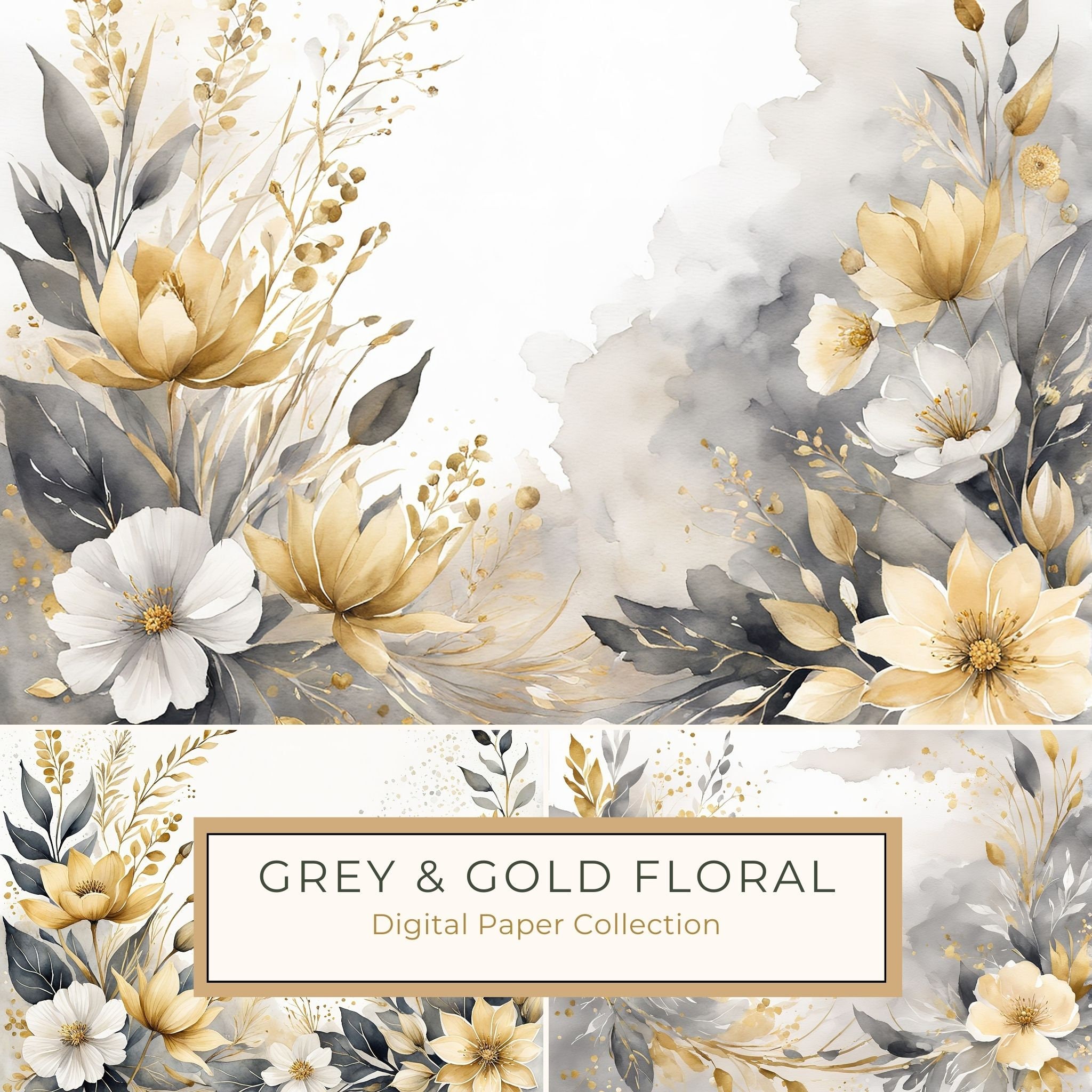 Watercolor Gold Floral Digital Paper: Grey Background (10 JPGs)