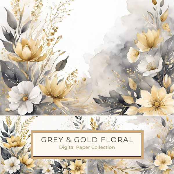Watercolor Gold Floral Digital Paper: Grey Background (10 JPGs)