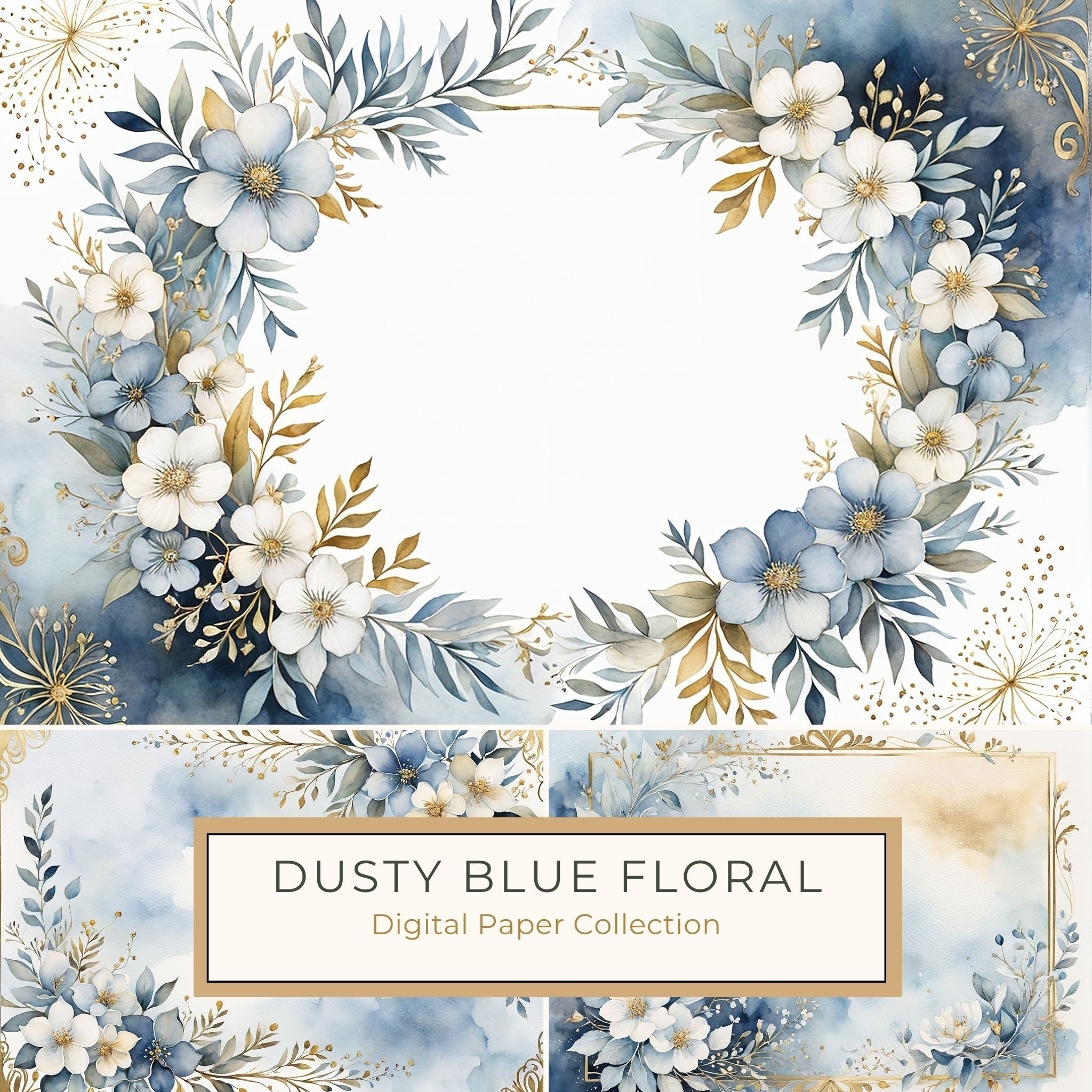 Watercolor Dusty Blue Floral Paper Pack: Scrapbook Page Frames (Digital Download)