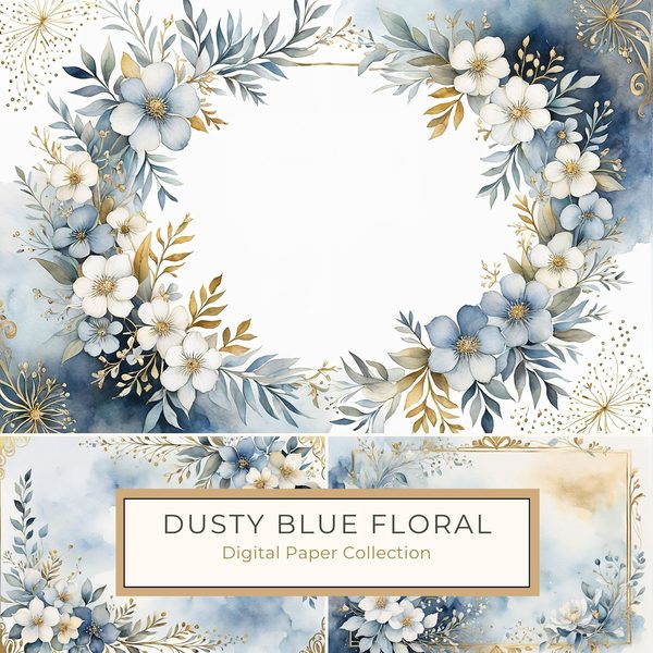 Watercolor Dusty Blue Floral Paper Pack: Scrapbook Page Frames (Digital Download)