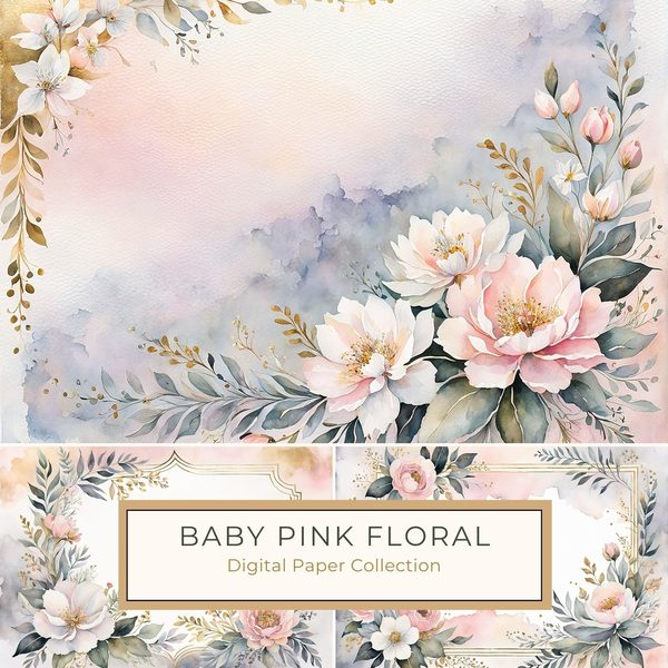 Baby Pink Floral Watercolor Digital Paper Pack (10 JPGs)