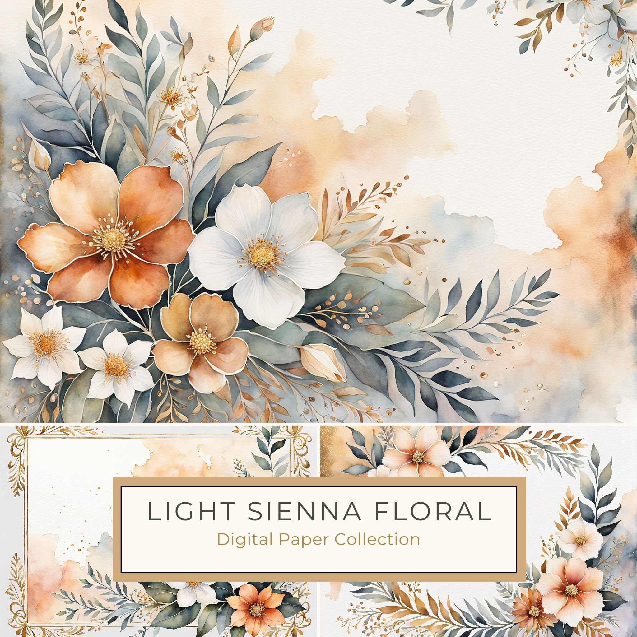 Light Sienna Watercolor Floral Paper Pack: Scrapbook & Card Making (JPG Digital Download)