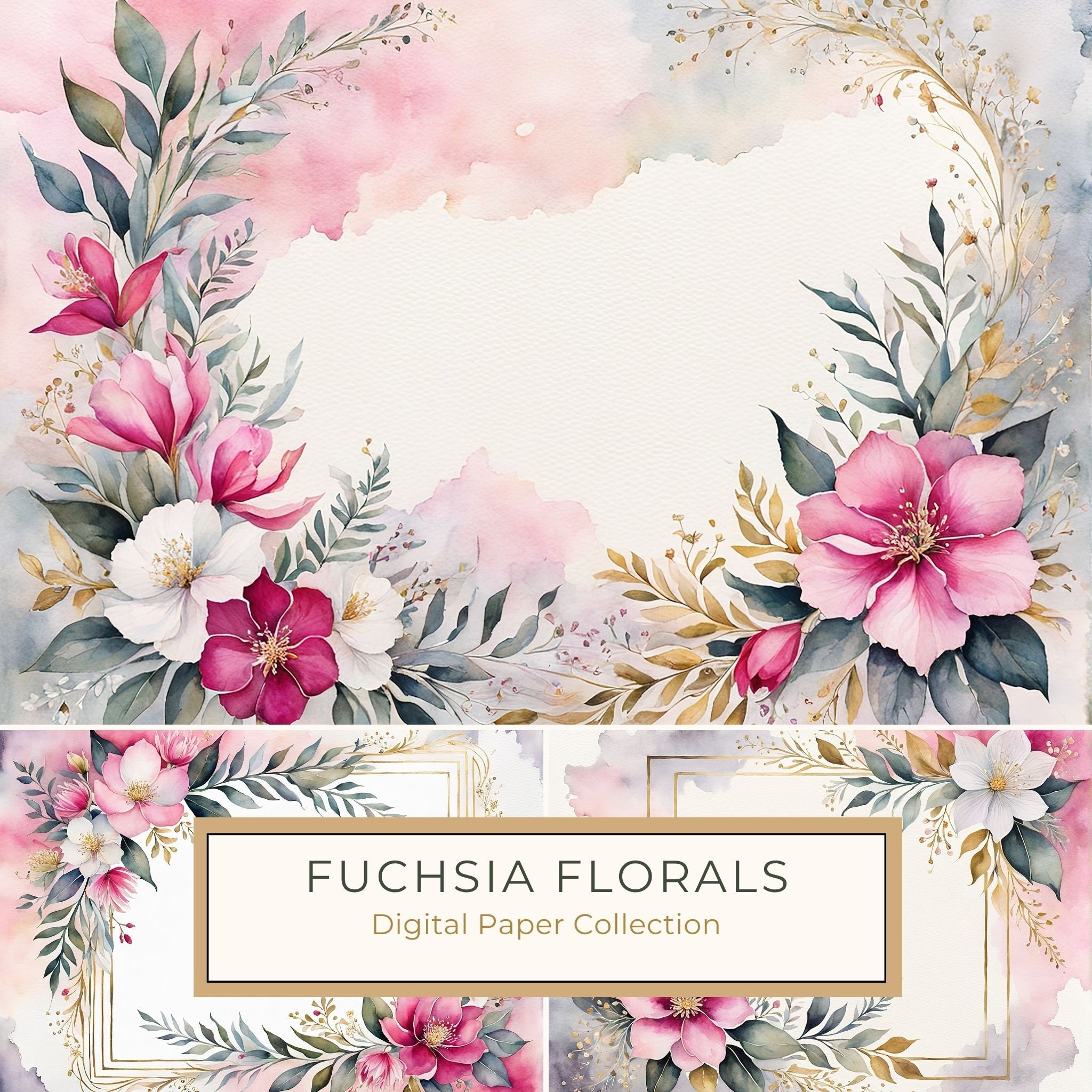 Fuchsia Watercolor Floral Paper Pack: US Letter Landscape (Digital Download)
