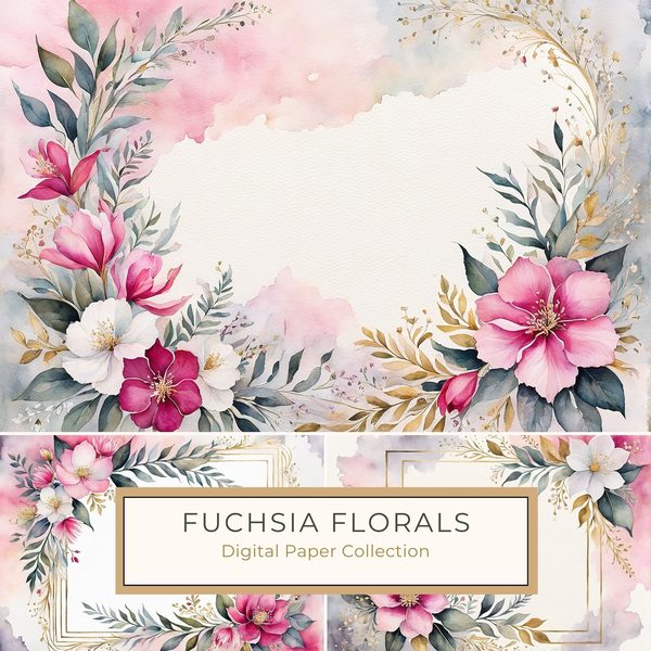 Fuchsia Watercolor Floral Paper Pack: US Letter Landscape (Digital Download)
