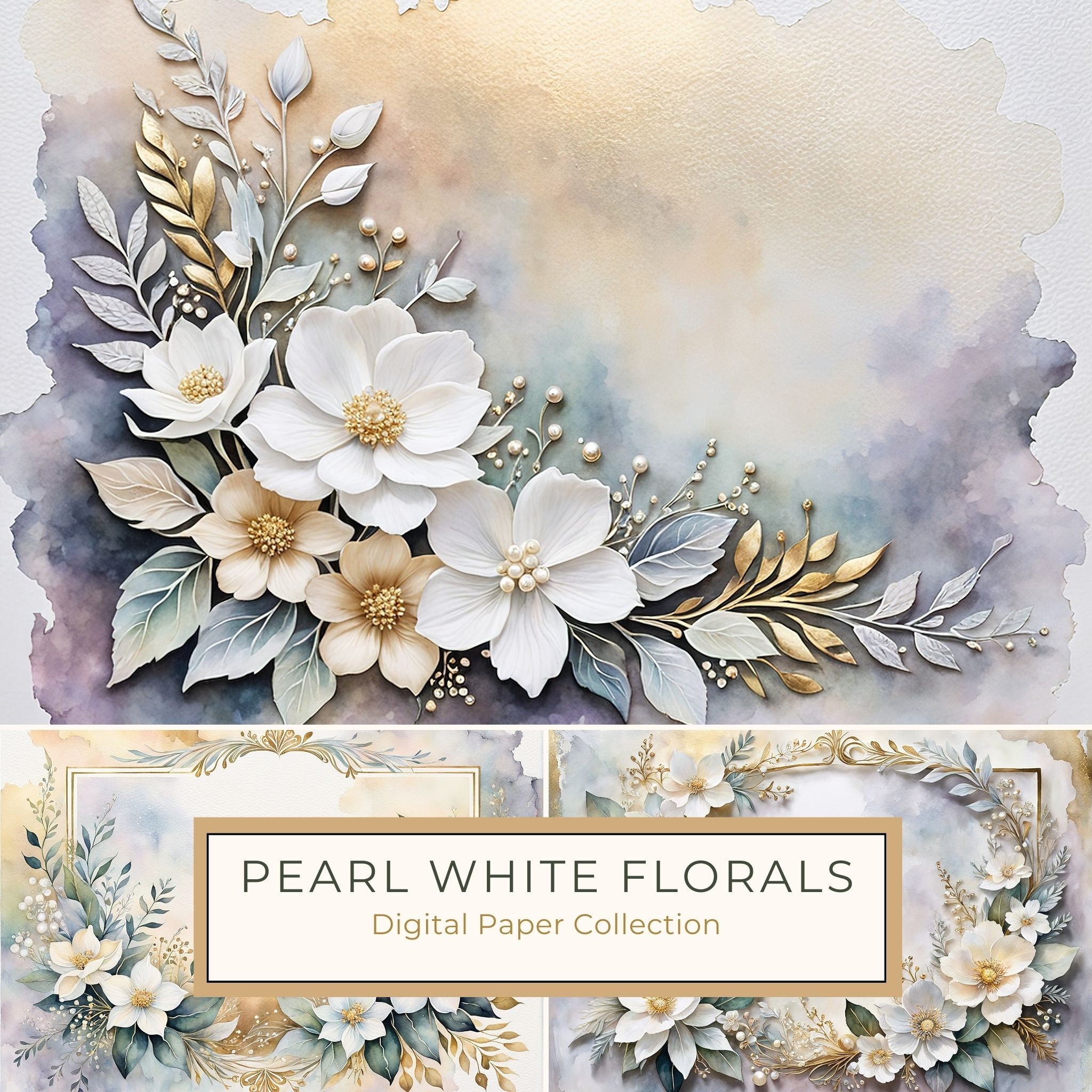 Watercolor Floral Digital Paper Pack: Pearl White Botanical Frames (10 JPGs)