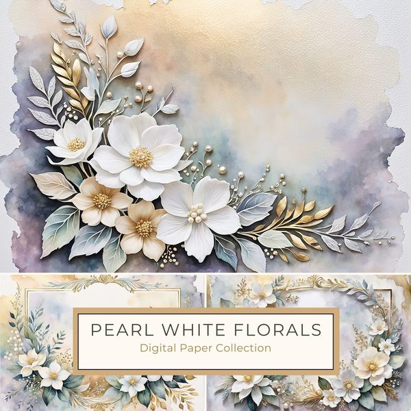 Watercolor Floral Digital Paper Pack: Pearl White Botanical Frames (10 JPGs)