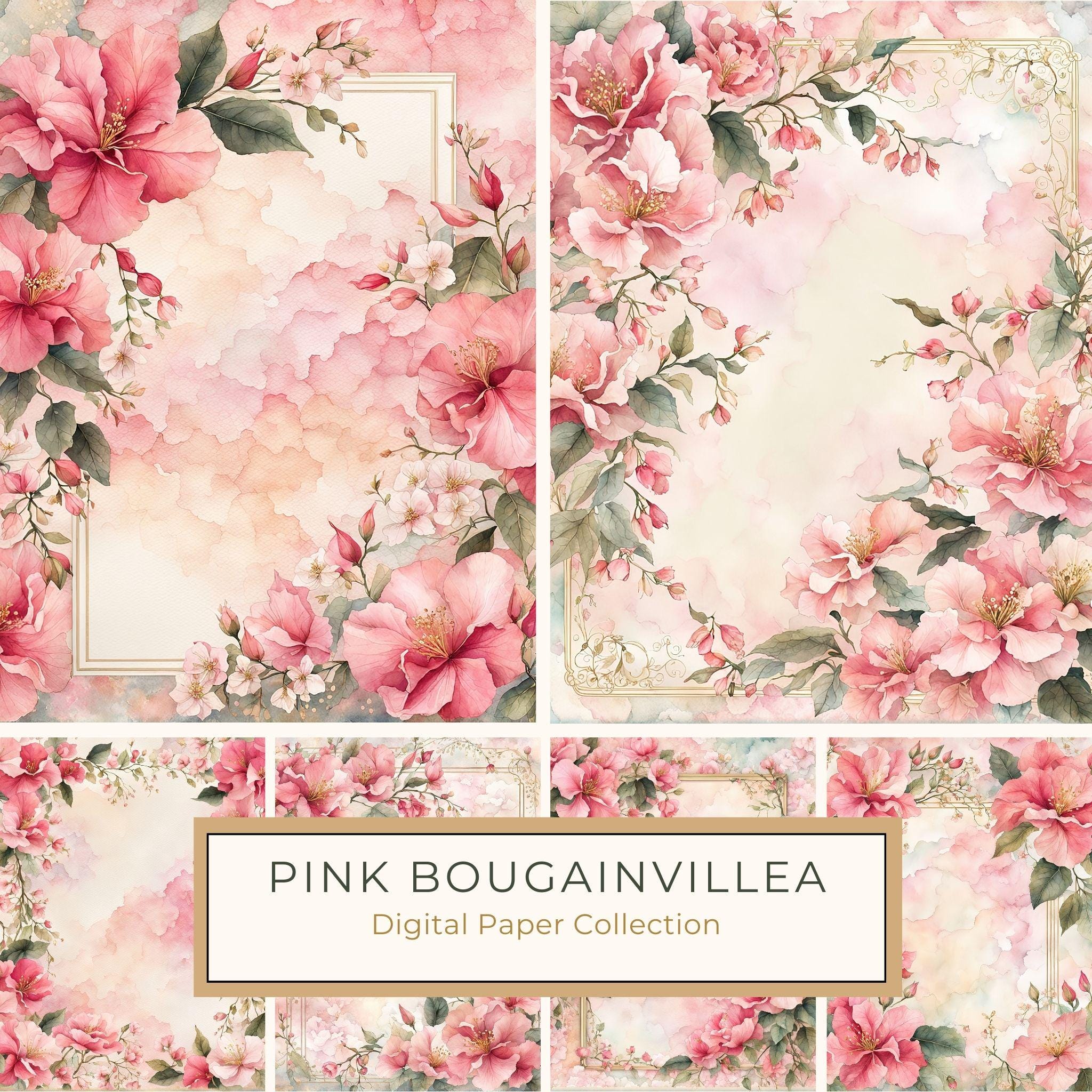 Watercolor Bougainvillea Floral Frames: Dusty Pink Digital Paper (JPG)