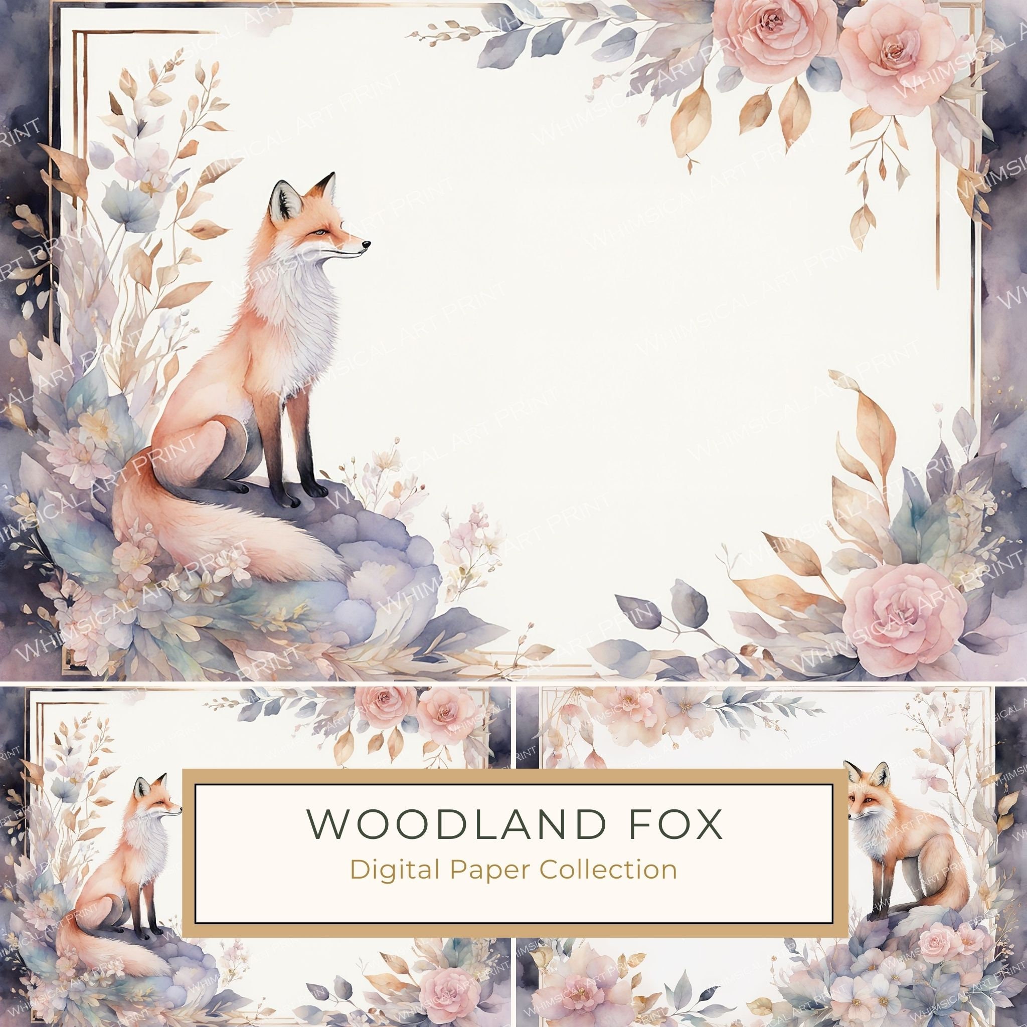 Watercolor Woodland Fox Digital Paper Pack: Soft Pastel Frames (JPGs)