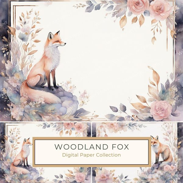 Watercolor Woodland Fox Digital Paper Pack: Soft Pastel Frames (JPGs)