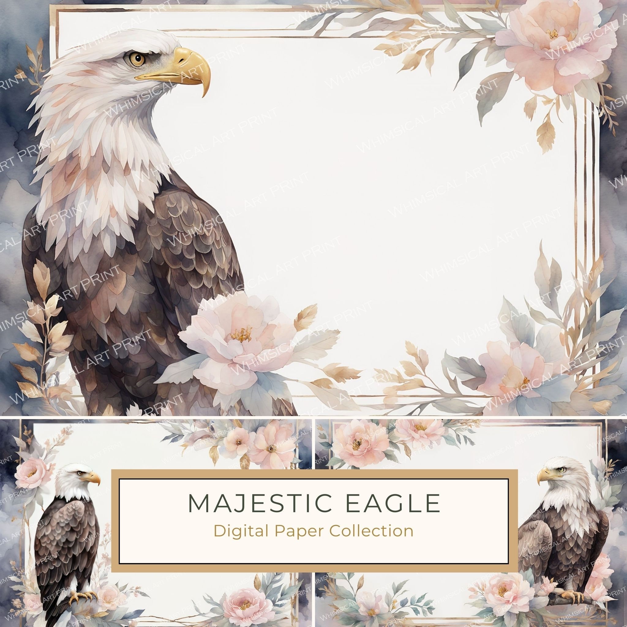 Watercolor Bald Eagle Digital Paper: Floral Page Frames (10 JPGs)