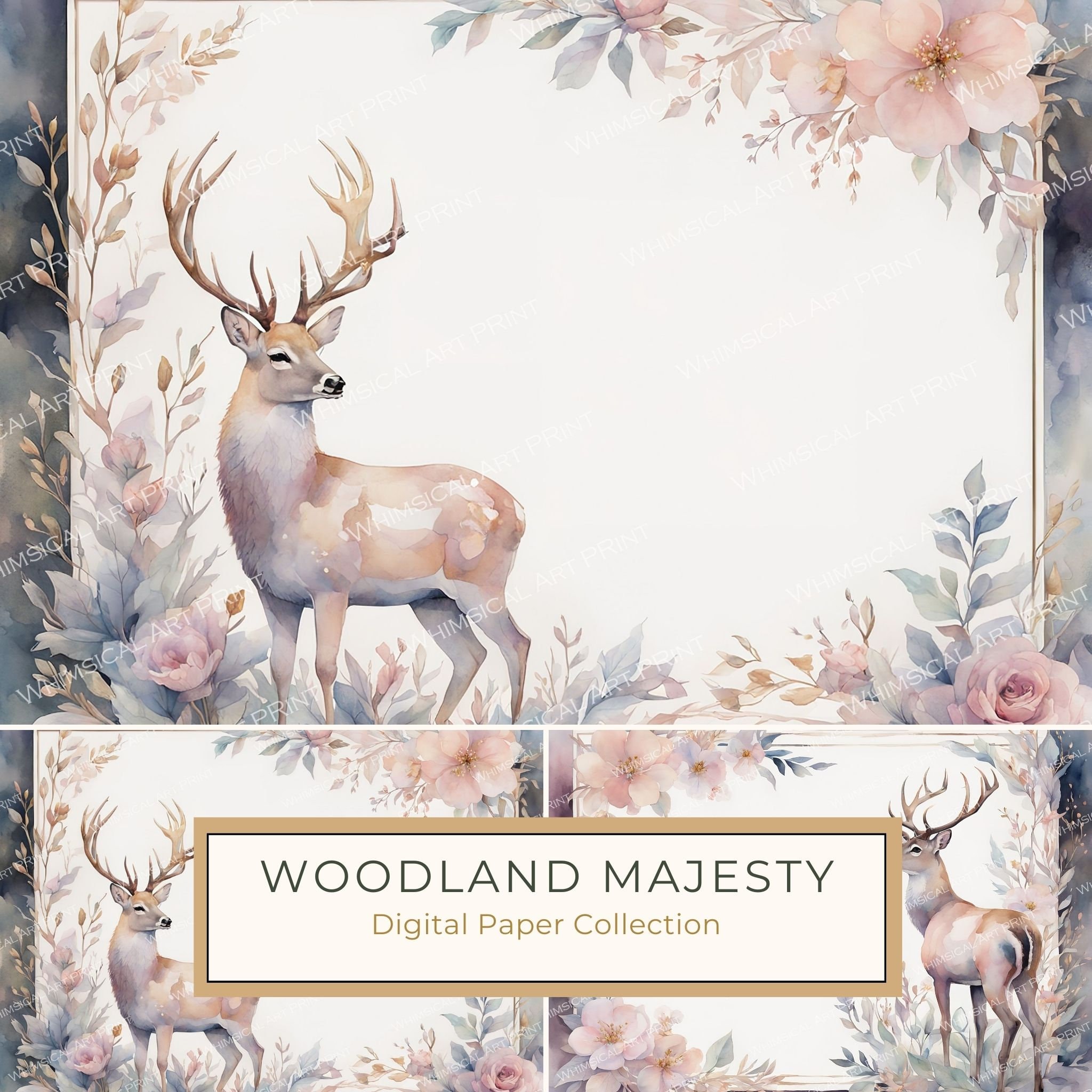 Watercolor Stag Digital Paper: Woodland Frames, Soft Pastels (10 JPGs)