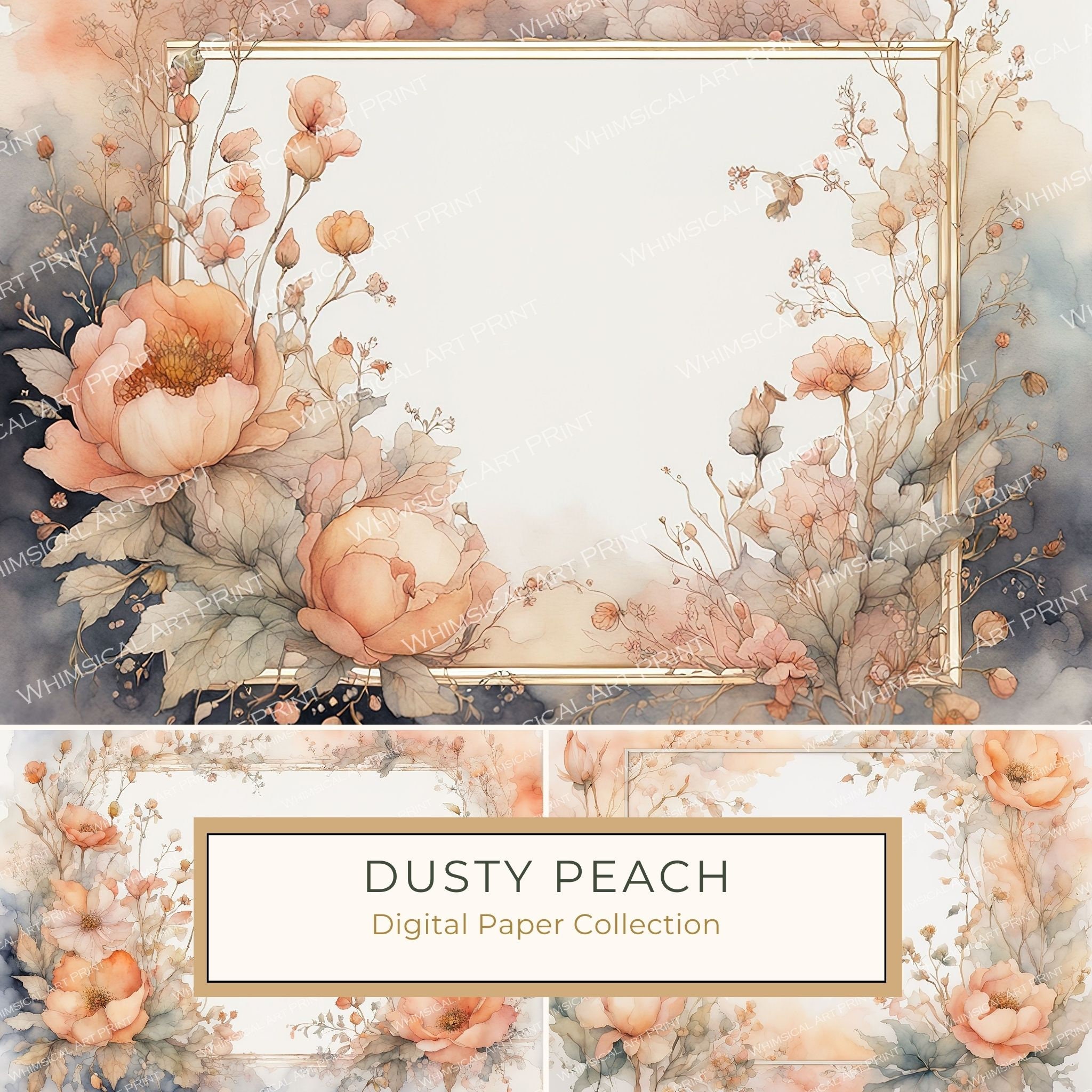 Watercolor Floral Frame Digital Paper: Dusty Peach Scrapbook Borders (10 JPGs)