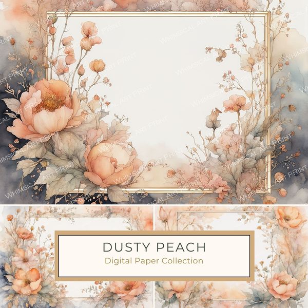 Watercolor Floral Frame Digital Paper: Dusty Peach Scrapbook Borders (10 JPGs)