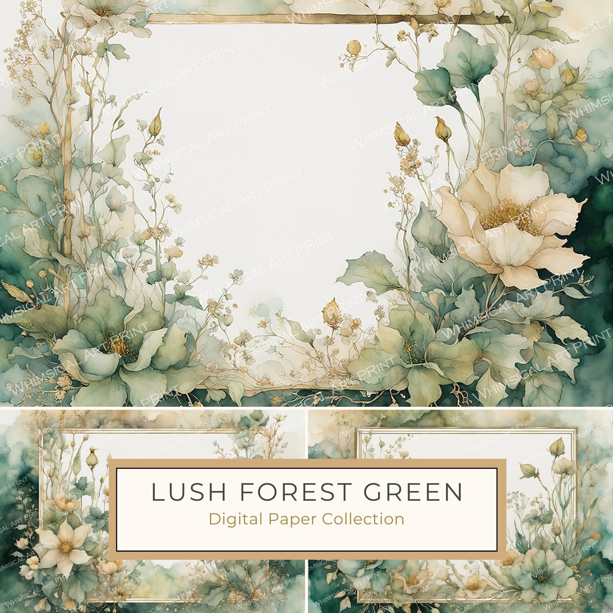 Watercolor Floral Frame Digital Paper Pack: Lush Forest Green (10 JPGs)